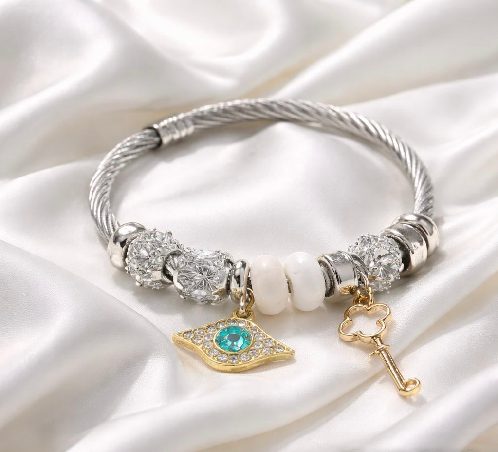 Bracelet with Diamond Key Pendant Crystal Beads