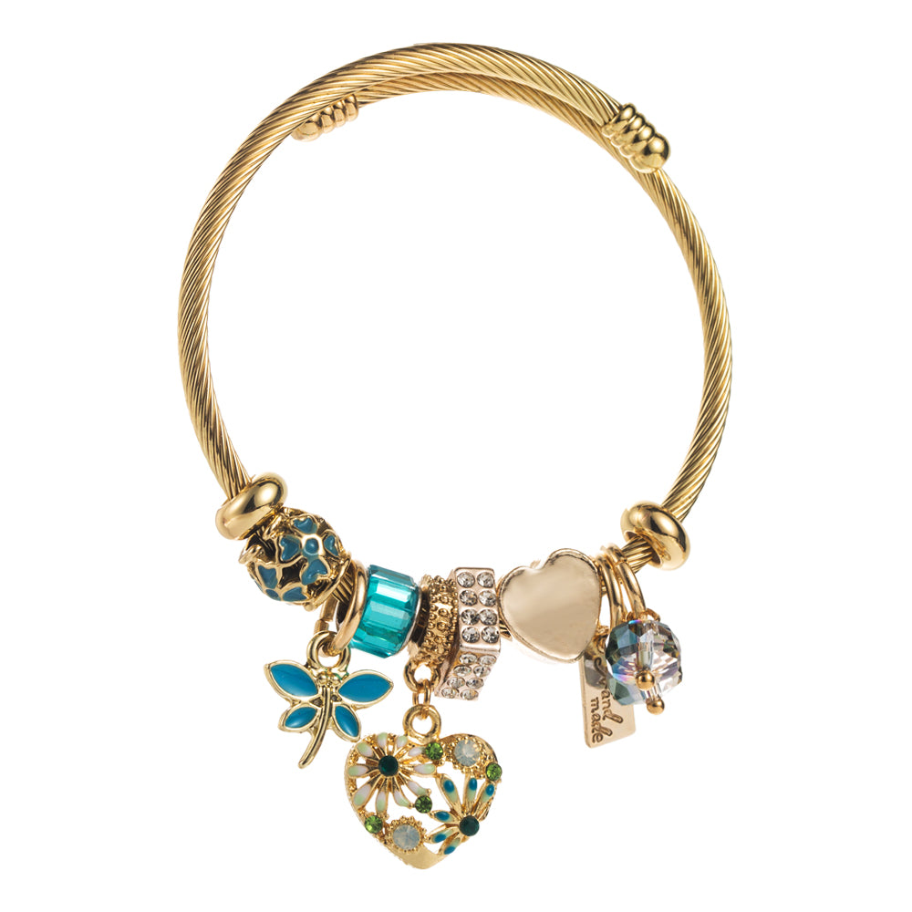 Gold Charm Bracelet with Heart and  Floral Details