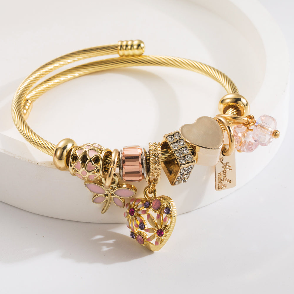 Gold Charm Bracelet with Heart and  Floral Details