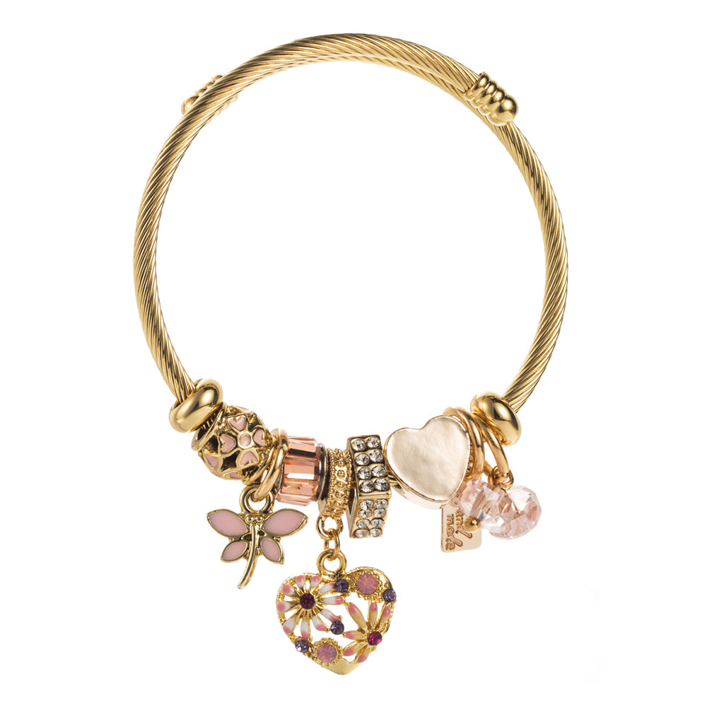 Gold Charm Bracelet with Heart and  Floral Details