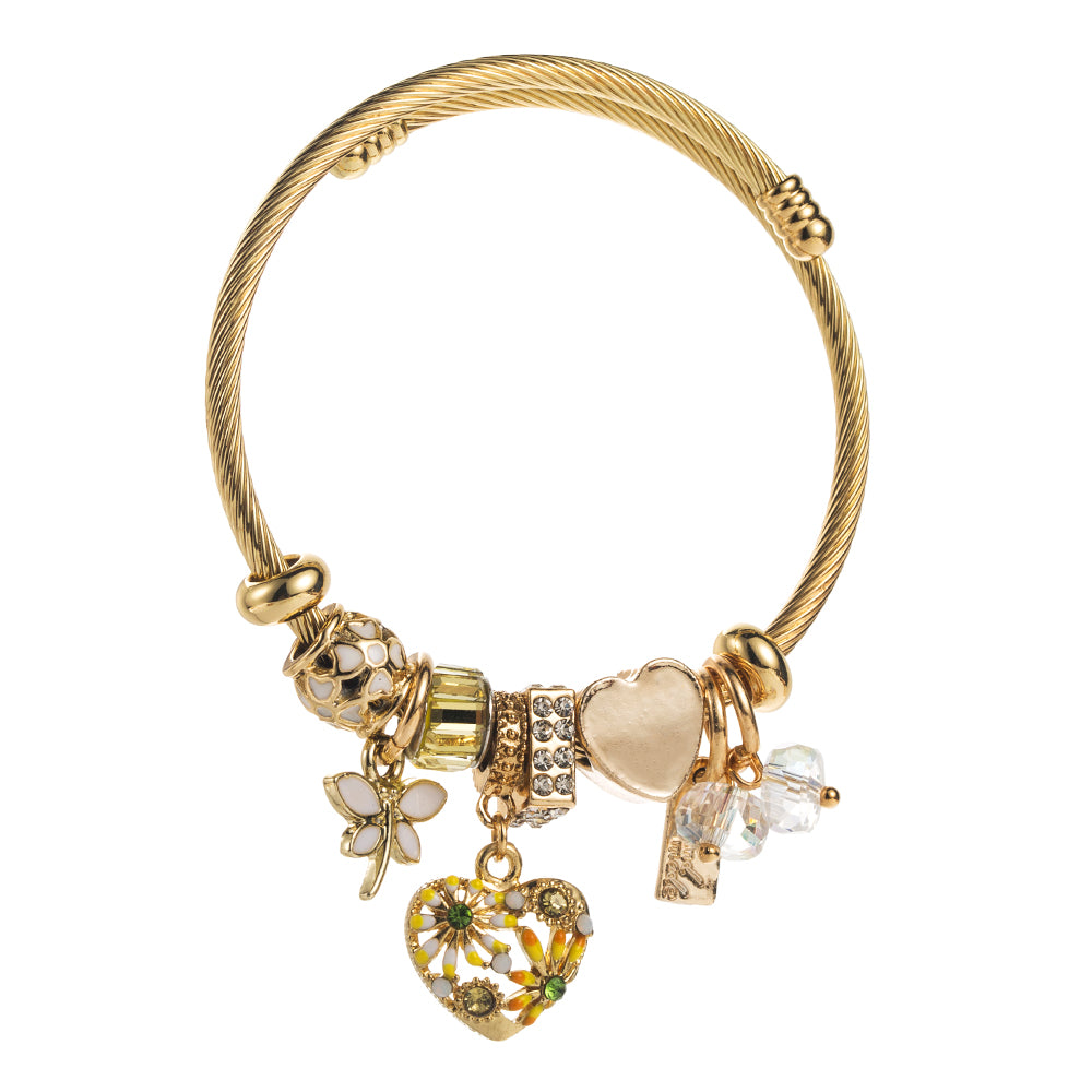 Gold Charm Bracelet with Heart and  Floral Details