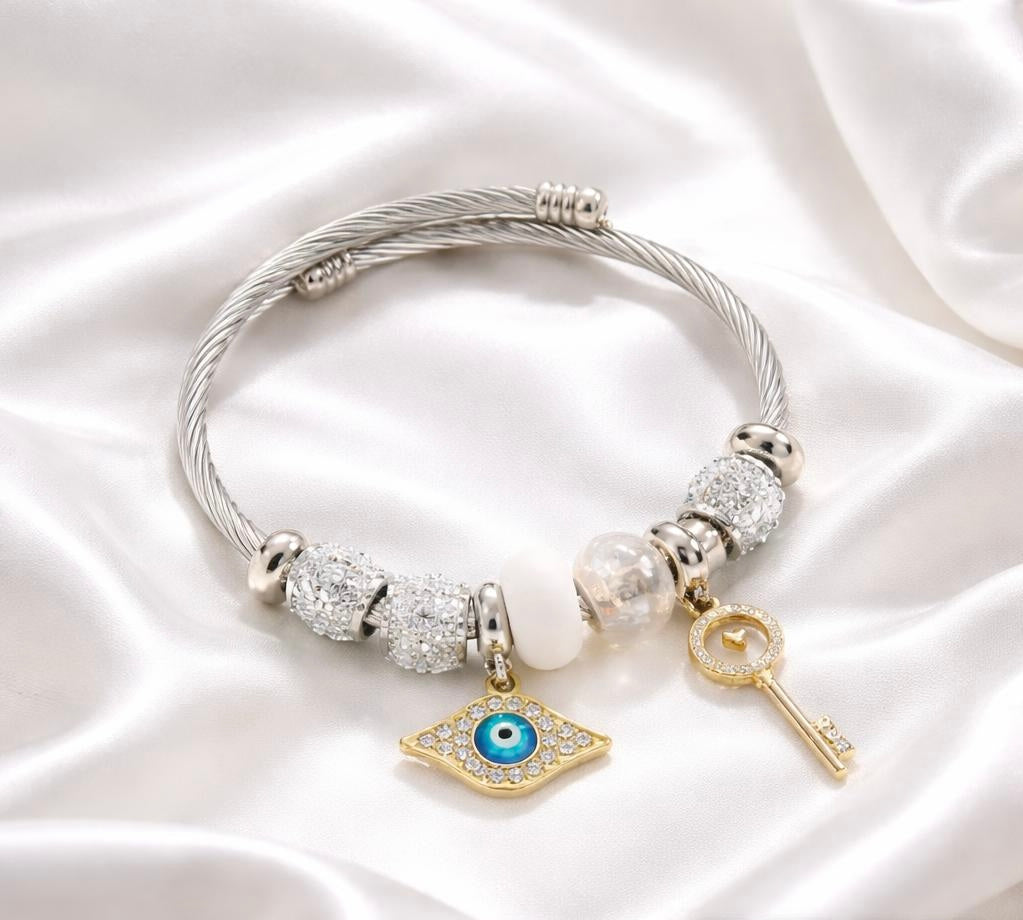 Bracelet with Diamond Key Pendant Crystal Beads