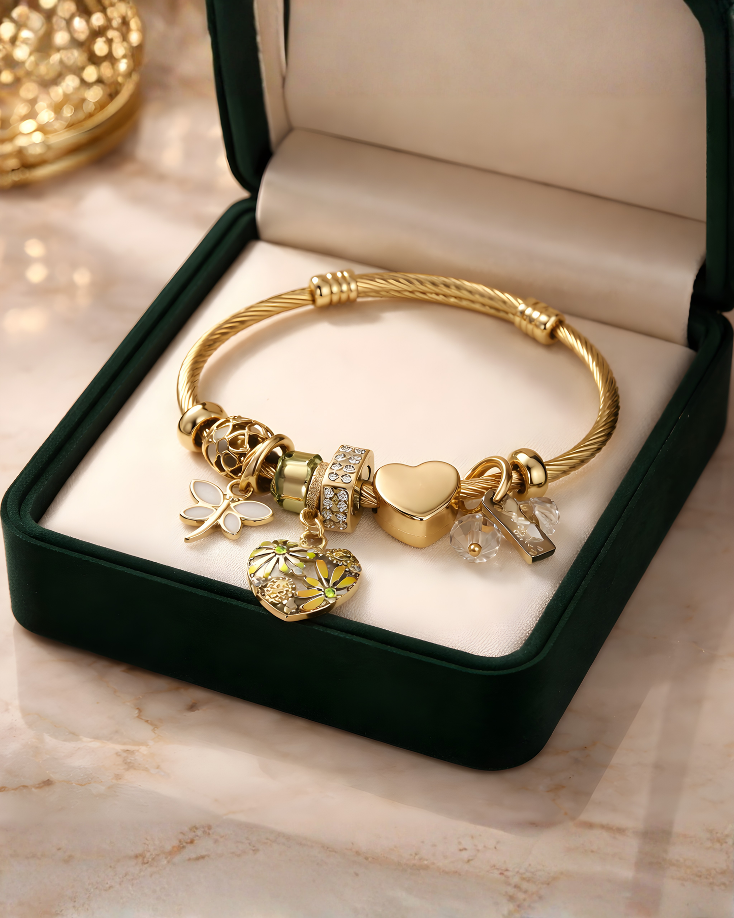 Gold Charm Bracelet with Heart and  Floral Details